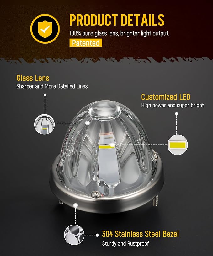 Partsam 2Pcs Glass Watermelon Lights [Patented] Clear Lens White LED Running Light with Stailess Steel Bezel Replacement for Kenworth Peterbilt Freightliner Trucks