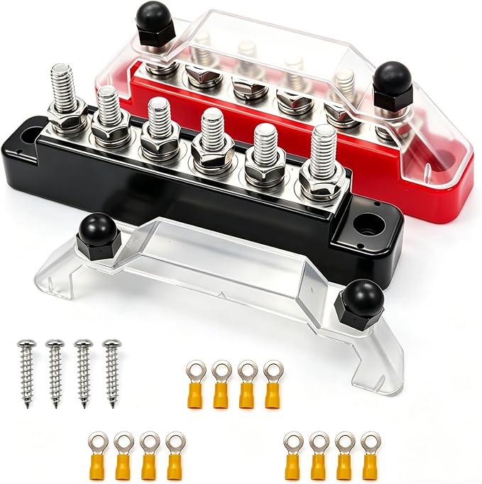 150A 12V-48V Bus Bar Marine Power Distribution Block with Cover with 6 x 1/4”Post,Battery Bus Bar (Pair,Red & Black),Automotive Busbars 12 Volt for Car Boat Solar Wiring