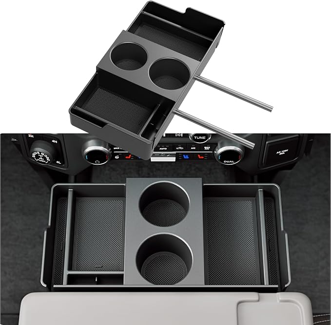 Front Center Seat Headrest Organizer Compatible with 2011-2026 Ford F150 F250 F350 F450 F550 F650 Cup Holder Coin Container Storage Box with Silicone Pads Accessories (Jump Seat Console Only)