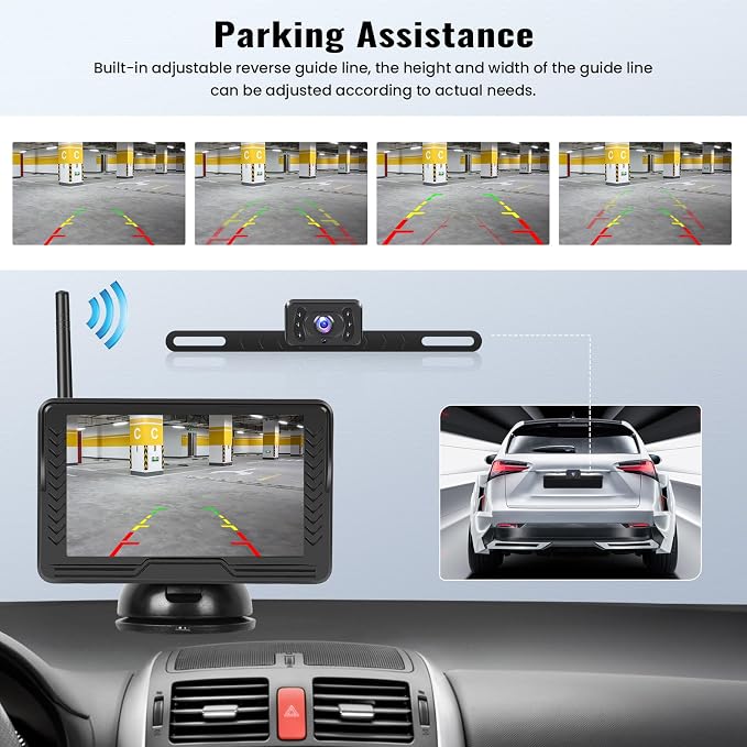 Wireless Backup Camera for Car with 5 inch Monitor Easy Setup IR Night Vision IP69 Waterproof License Plate Reverse Camera DIY Parking Lines Rear View Camera System for Car Truck SUV Pickup Van