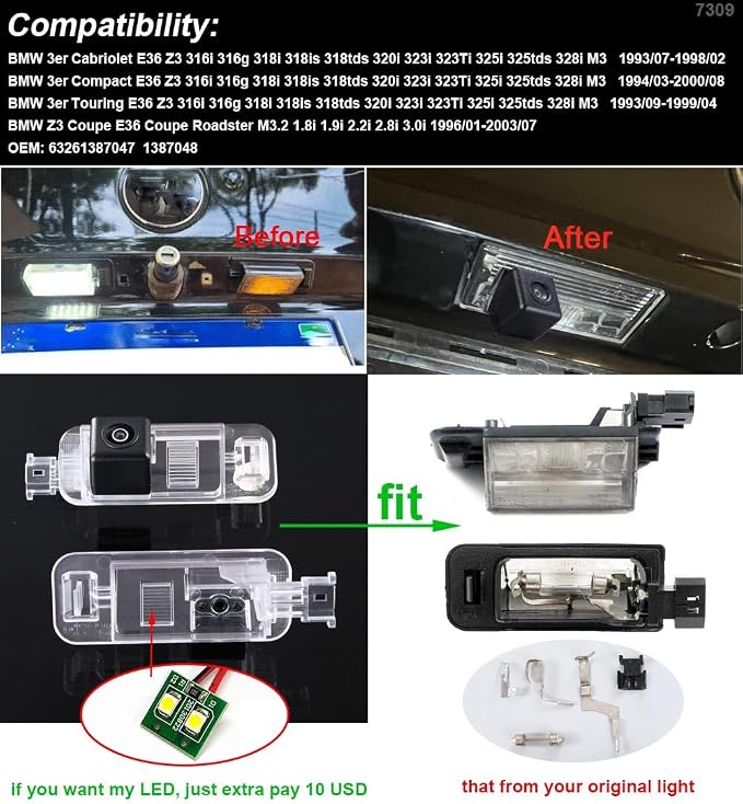 IP67 Waterproof License Light Plate Reverse Camera Rear View Reversing Parking Camera Replacement for BMW 3er Cabriolet E36 z3 316i 316g 318i 318is 318tds 320i 323i 323Ti 325i 325tds 328i M3