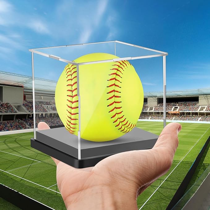 Hooqict 2 Pack Arcylic Softball Display Case Clear Softball Holder UV Protected Stand Championship Display Case Memorabilia Square Box for Golf Tennis Game Ball Baseball