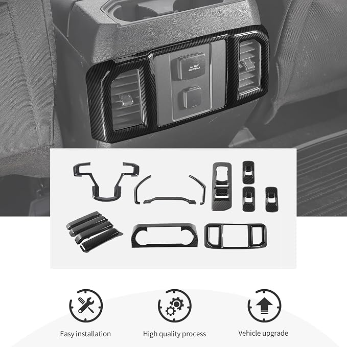 14PCS Carbon Fiber Interior Trim Kits Fit for 2015-2020 Ford F150 Decor Accessories Steering Button Frame Dashboard Door Inner Handle Trim AC Adjustment Rear Air Conditioning Vent Window Lift Panel