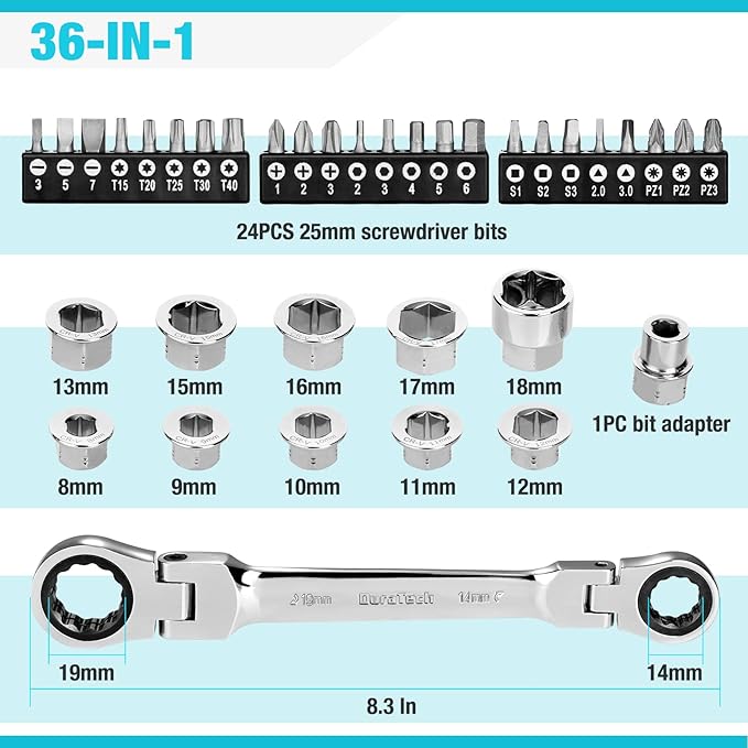 DURATECH 12-in-1 Flex-Head Ratcheting Wrench Set & 24-in-1 Screwdriver Set 3/8" Drive Swivel Socket Set