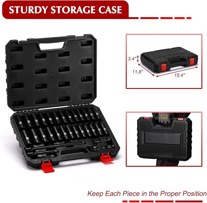 EMENTOL 1/2" Drive Socket Set, 32-Piece Deep Impact Sockets, SAE(3/8"-1") & Metric(10-24mm), Including Extension Bars, Universal Joint, Drill&Socket Adapter, Cr-V Steel