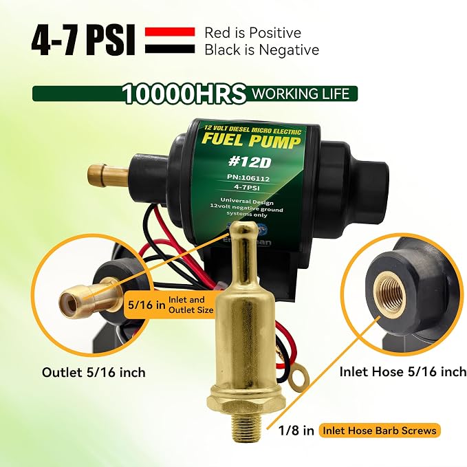 12D Micro Electric Diesel Fuel Pump Universal 5/16 inch Inlet and Outlet 12V 1-2 A, 35 GPH, 4-7 PSI with 5/16 Inch (8mm) ID Fuel Line Hose 6.56FT