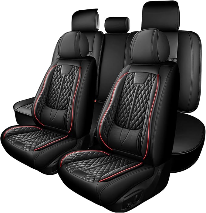 otoez Leather Car Seat Covers Full Set, Breathable Waterproof Nappa Leather Front Rear Car Seat Protectors with Lumbar Support, Universal Automotive Seat Covers for Most Cars SUV Truck Sedan (Black)
