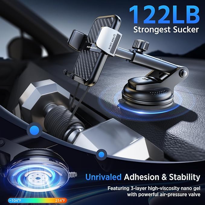 3-in-1 Car Phone Holder [122+LBS Strongest Suction & Stable Clamp Arm] 360° Adjustable Car Phone Mount, Cell Phone Holders for Your Car for Dashboard Vent, All Smartphones & Car Models