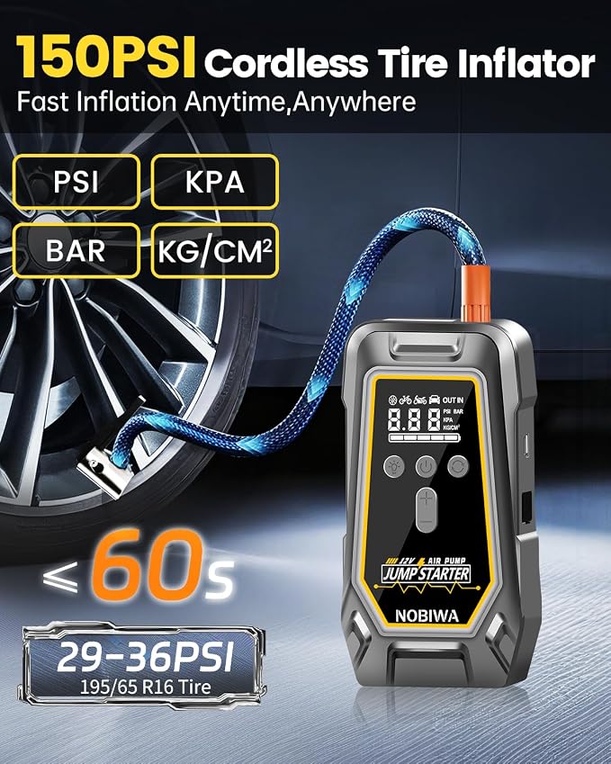 Jump Starter with Air Compressor,Portable Car Battery Booster (8.0 Gas/6.5L Diesel) with 150PSI Auto-Shutoff Tire Inflator,12V Supersafe Lithium Jump Box Car Battery Jumper Starter with LCD Display