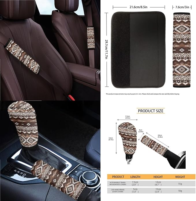 Aztec Tribal Car Seat Covers Full Set of 14 Universal Front and Rear Car Seat Covers with Steering Wheel Cover Center Console Pad Safety Belt Pads for Truck Sedan SUV, Brown