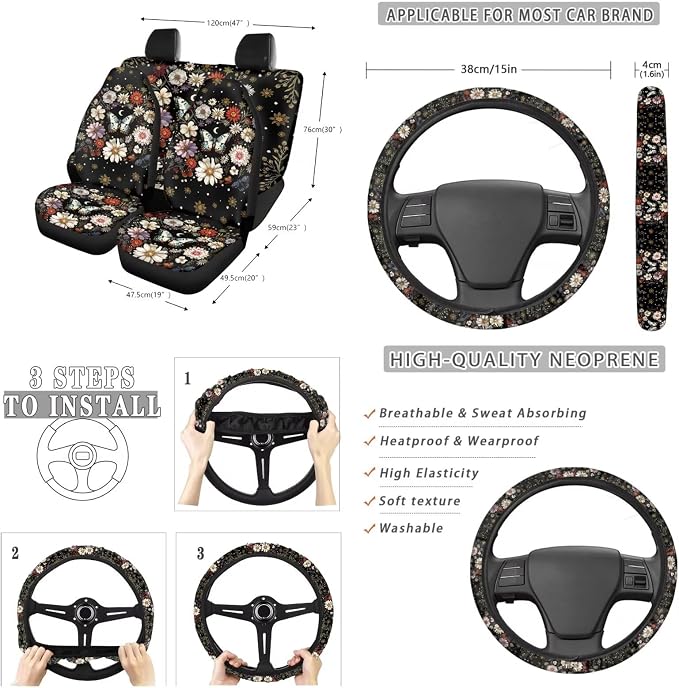 Suobstales Butterfly Daisy Moon Print Car Accessories Auto Seat Covers Full Set of 13 with Steering Wheel Cover, Seat Belt Pads, Trash Can, Coaster, Rearview Mirror Cover, Keychains for SUV Van