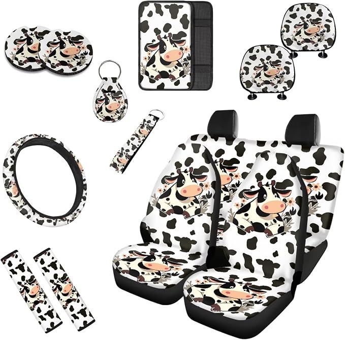 Farmhouse Cow Car Seat Covers Set of 13, Countryside Dairy Cows Vehicle Headrest Cover Cup Holder Coaster, Cartoon Cattle Spot Auto Seat Covers Armrest Cover