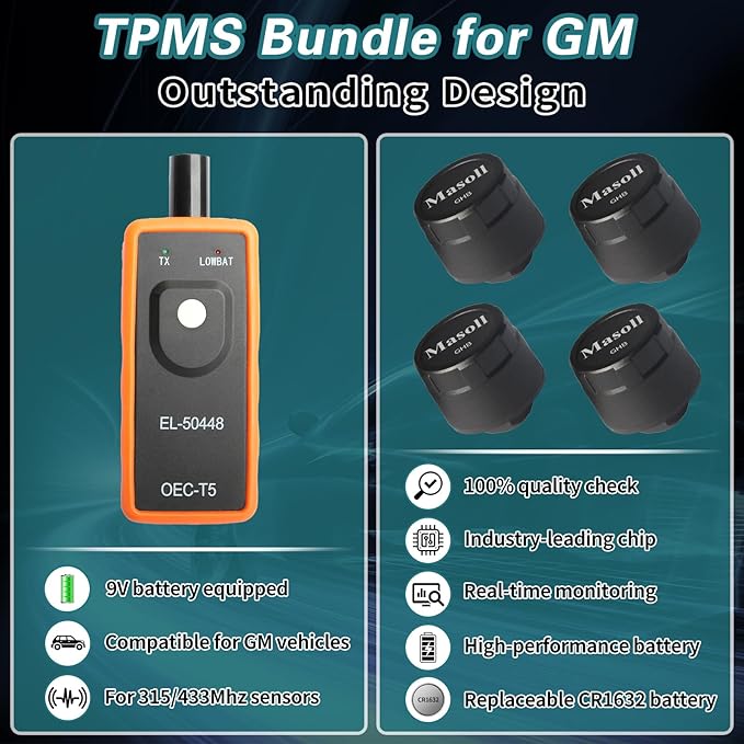 Masoll TPMS Sensor for GM Chevy Chevrolet Silverado Buick Cadillac GMC, Gen 2 TPMS Sensors Set of 4 with 1 TPMS relearn Tool, External Tire Pressure Sensor, Easy to Install