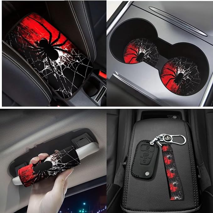 Gothic Spider 17 Pcs Car Accessories Seat Covers Full Set Steering Wheel Cover Floor Mats Center Console Pad Cup Holders Seat Belt Pads for Women Men Car Interior Decor