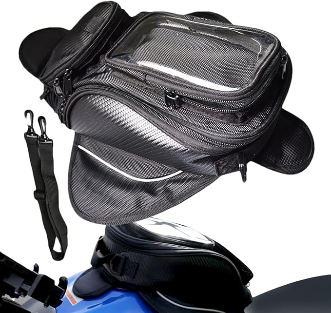 Motorcycle Tank Bag - Water Resistant Motorbike Bag | Magnetic & Strap Mount | 6.7 Inch Capacity | Black Oxford Cloth | 12.6x7.09x5.12 Inches | Powersports Tank Bag