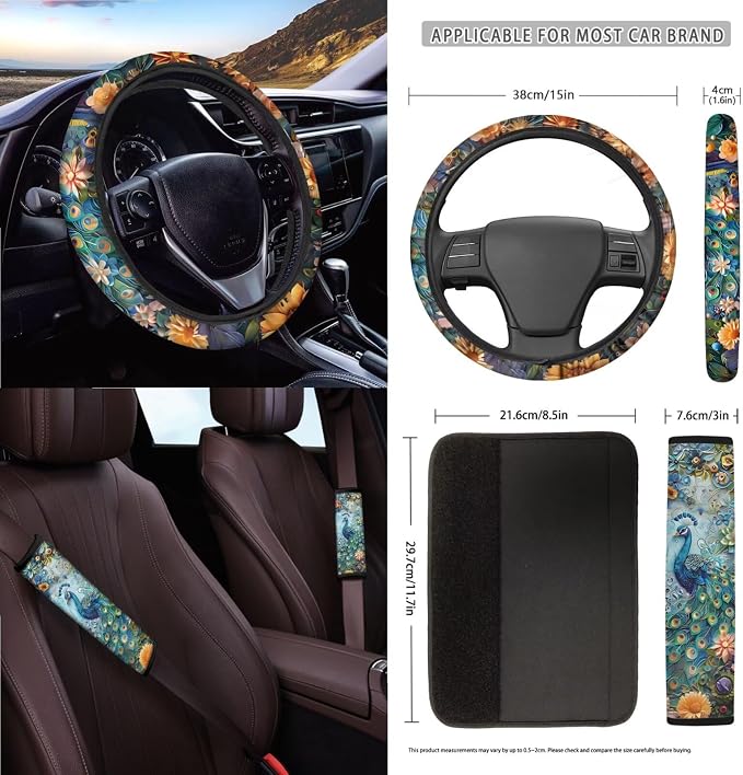 Peacock Flower Print 15Pcs Car Interior Cover Set Includes Car Seat Covers Front and Back Full Set Steering Wheel Cover Safety Belt Pads Rear View Mirror Protector Cup Mats, Blue