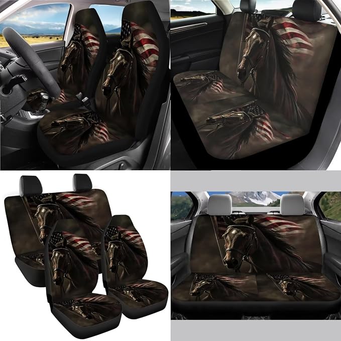 Horse American Flag Print Car Seat Covers Full Set, 13 PCS Auto Accessories with Soft Steering Wheel Cover, Seat Belt Shoulder Pads, Coasters for Most Cars
