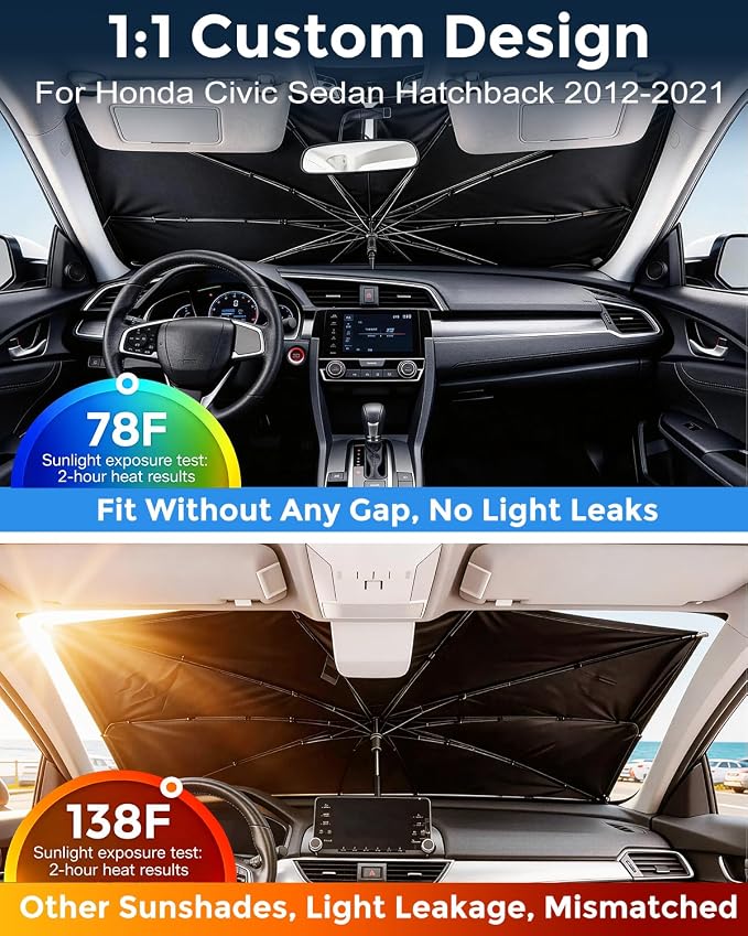 Weektic Custom Windshield Sun Shade Umbrella for Honda Civic Sedan & Hatchback 2012-2021, Double Thickened Ice Crystal Coating Sun & Heat Protection, Keep Vehicle Cool & Protect Interior
