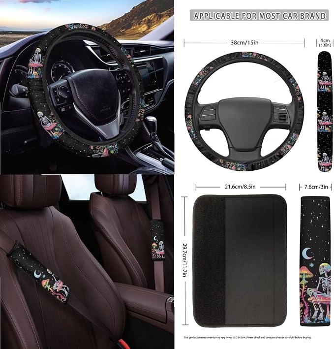 Skull Colorful Mushroom Car Seat Covers 15Pcs Full Set Car Steering Wheel Cover Seat Belt Cover Trash Bin Air Vent Storage Box Rear View Mirror Car Cup Holder Keychain