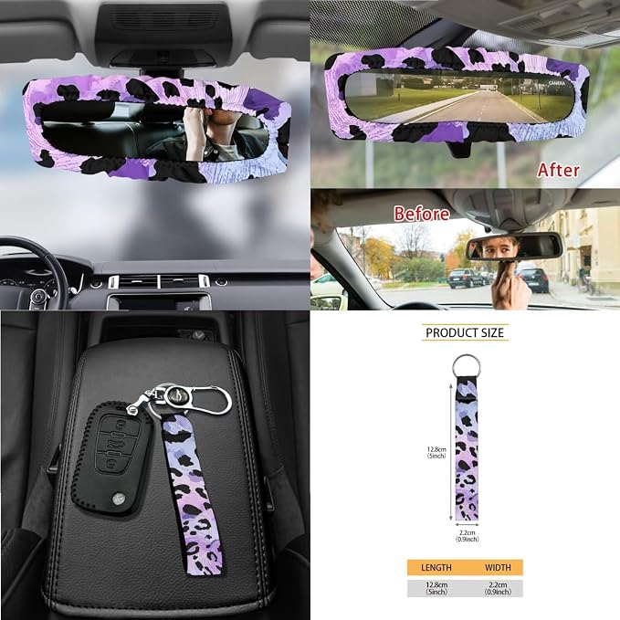 Cheetah Print 15Pcs Car Interior Cover Set Includes Car Front Rear Seat Covers Steering Wheel Cover Seatbelt Pads Inside Rearview Mirror Protector Garbage Bag Cup Coasters