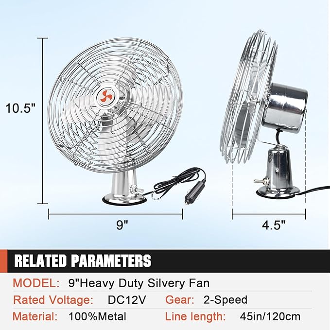 12V Portable Fan RV | Truck Cooling Heavy Duty 9" Metal Clip-On Car Fan Bus | Boat | Forklift | Car | Camper | Lawn | Mower | Tractor 2-Speed High Velocity Silver