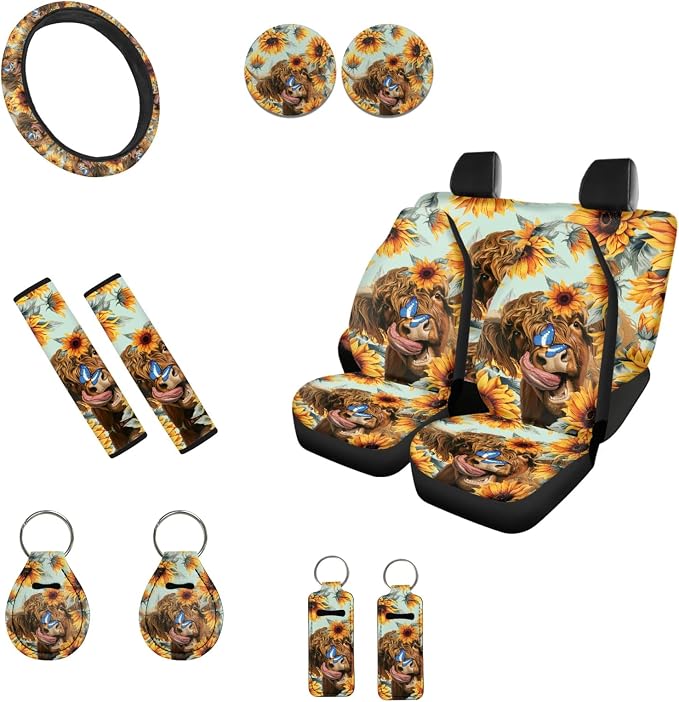 INSTANTARTS Sunflower Highland Cow Car Seat Cover Set 13PCS Car Accessories Front and Rear Seat Cover, Steering Wheel Cover, Seat Belt Cover, Coaster, Keychain, Lipstick Cover Blue Butterfly