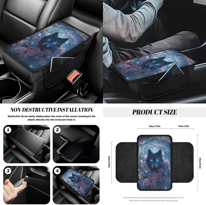 Universal Automotive Seat Covers & Accessories Full Set Wolf Rose Butterfly Print Car Front and Rear Seat Covers Steering Wheel Cover Armrest Cushion Safety Belt Pads Cup Cushions