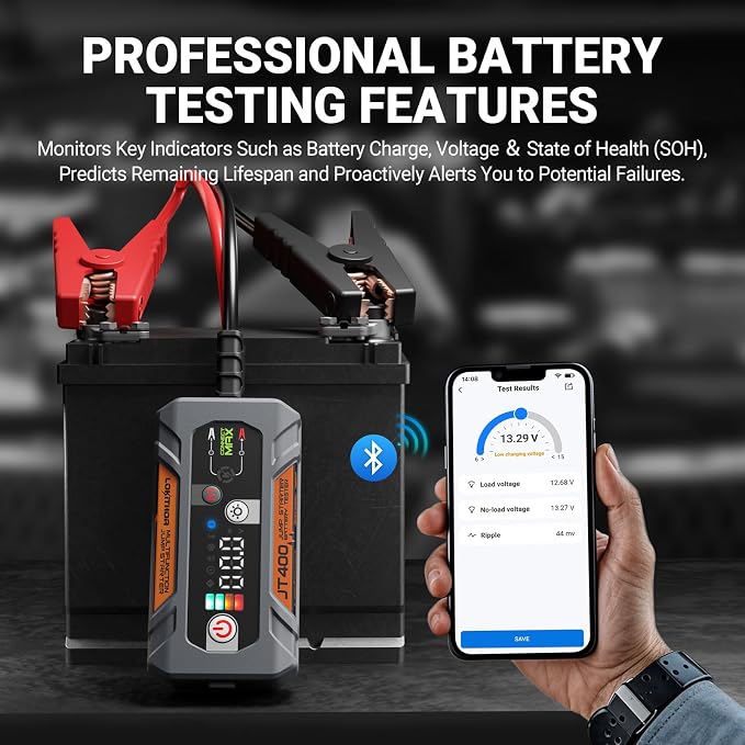 LOKITHOR JT400 12V Jump Starter and Battery Tester 2-in-1, 2500A Battery Jumper Starter Portable for Up to 8.5L Gas & 6.5L Diesel Engines, 100-2000 CCA Load Capacity Automotive Load Tester (Orange)