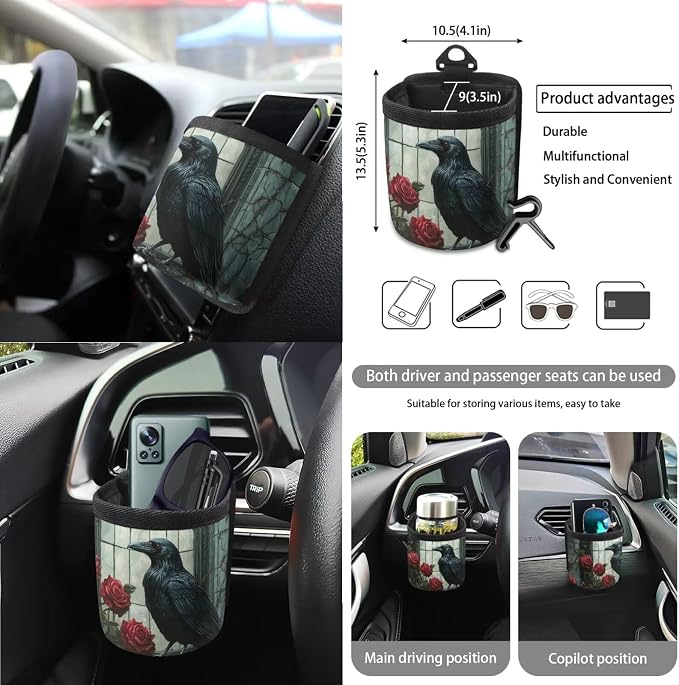 Crow Rose Flower Pattern Car Accessories Set of 15, Full Set Seats Covers, Auto Streering Wheel Cover Trash Bin, Seat Belt Pad Keychain Coasters Air Vent Storage Bag