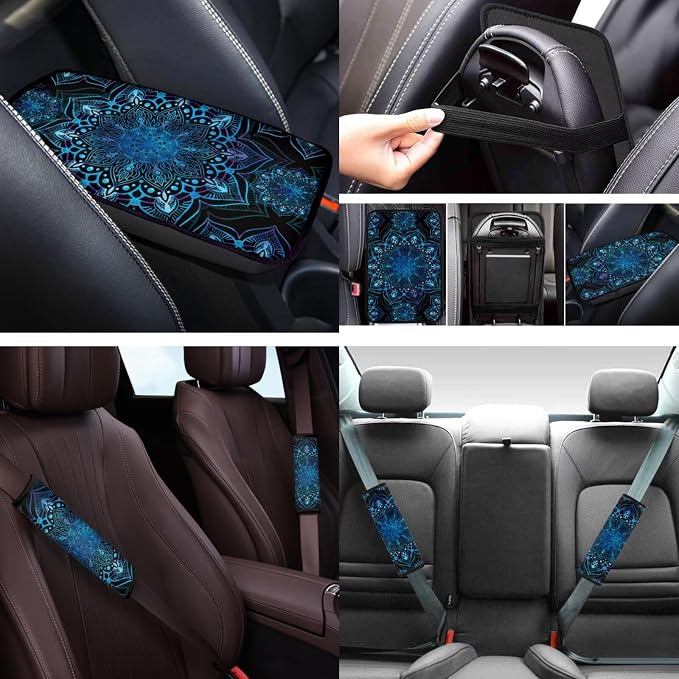 Blue Mandala Car Seat Covers Full Set 12 Pack Steering Wheel Cover Center Console Cover Cars Coasters Car Seat Belt Cover Universal Fit Automotive Most Cars
