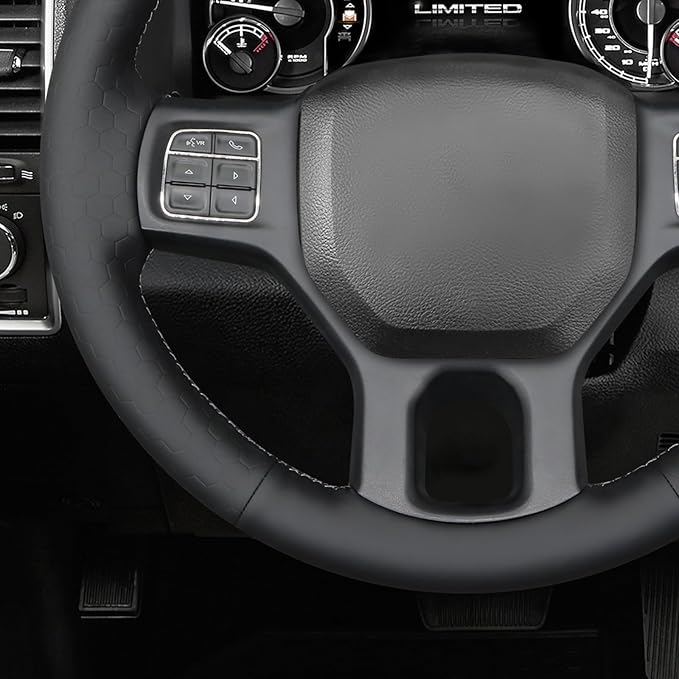 MEWANT Black Solid Hexagon Embossed Artificial Leather Steering Wheel Cover for Dodge RAM 1500 2012-2018 1500 Classic