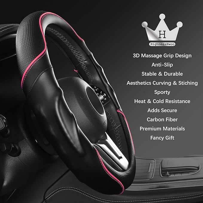 HighnessHwoo 3D Car Steering Wheel Cover Comfort Grip Massage Sporty Anti-Slip Carbon Fiber Faux Leather for F150, Trucks, Jeep, Van, Car Handle Covers for All Seasons, 15.2-16in, Pink