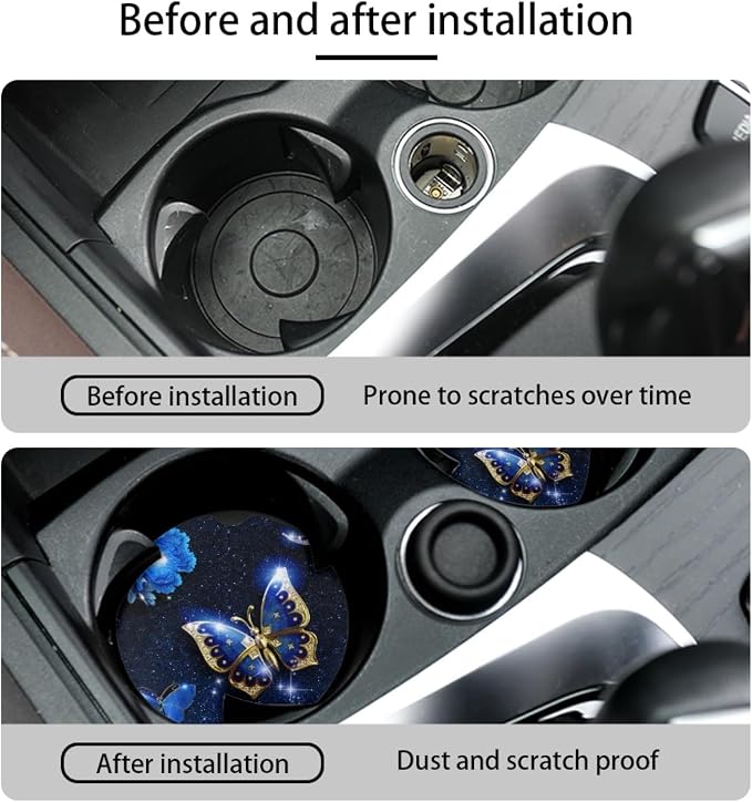 Howilath Blue Butterfly Moon Car Seat Covers Full Set of 10, Auto Front Seat Covers/Steering Wheel Cover/Seatbelt Pads/Keychain/Armrest Cushion/Coasters Universal Auto Interior Accessory