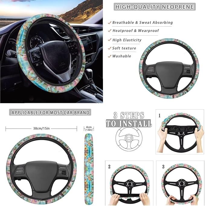 Suobstales Turtle Starfish Plumeria Flower Print Car Seat Cover Set SUV Interior Accessories Front/Back Bench Bucket Seat Cover, Steering Wheel Cover, Seat Belt Cover, Cup Holder Coasters, Keychain