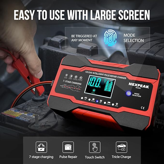 NEXPEAK NC201 10-Amp Battery Charger, Smart Trickle Charger 12V 24V Car Battery Charger Fully Automatic Maintainer Desulfator w/Temp Compensation for Car Truck Lawn Mower Boat Marine Batteries