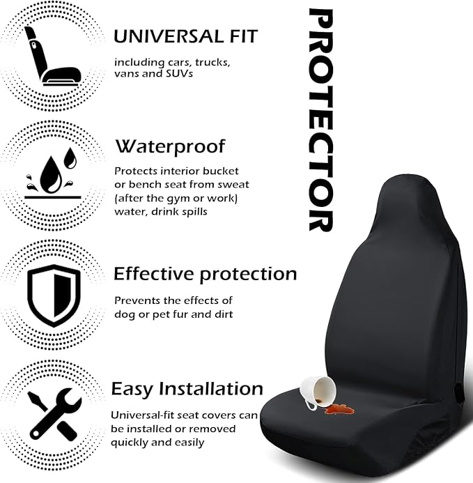 Truckiipa Universal Car Seat Covers Front Pair Oxford Waterproof Automotive Seat Cover Breathable Washable Seat Cover Protector Universal Fit for Car SUV Truck Sedan Vans, Black, 2PCS