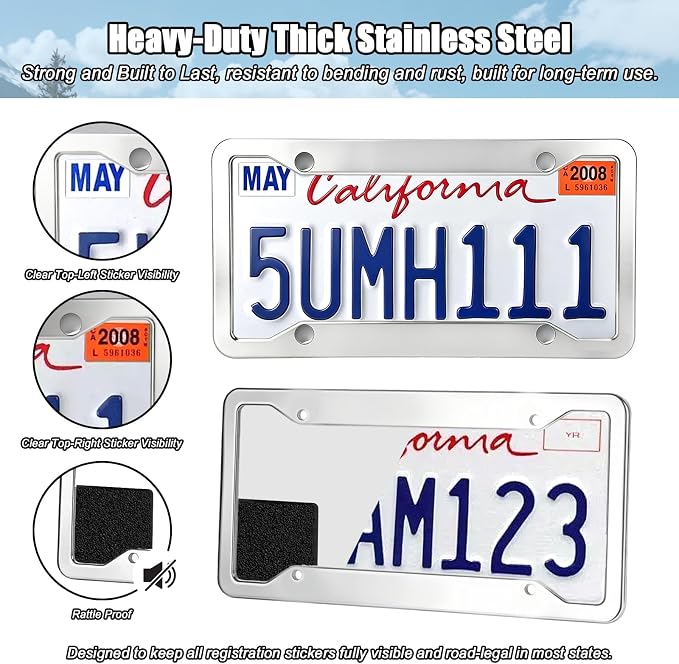 Rugged Stainless Steel License Plate Frame 2 Pack, Resistant Rustproof Car Tag Holder with Anti-Theft Screw Caps, Rattle-Proof Pads, Tire Valve Caps, Keychain & Cup Holder Mats, Car Accessories Set