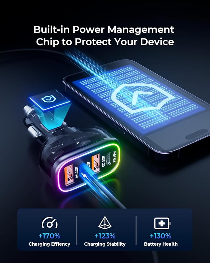 USB C Car Charger, 126W [Dual PD60W&QC30W] Cigarette Lighter USB Car Charger Adapter Fast Charging 4 Ports Car Phone Charger for iPhone 17/16/15/14/13, Samsung Galaxy S25/S24Google Pixel Laptop
