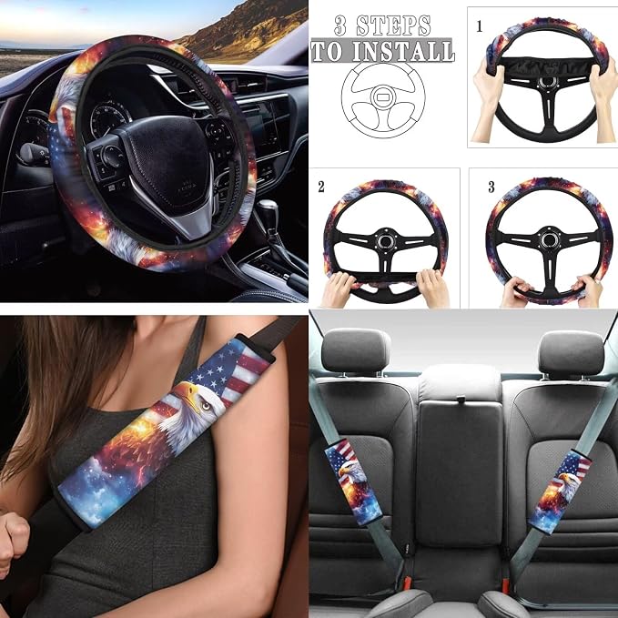 Tupalatus 9 Pcs American Flag Eagle Car Seat Covers Full Set Stretchable Steering Wheel Cover Seat Belt Pads Cover Coasters Gear Shift Hoodie Handbrake Cover Automotive Decor Accessories