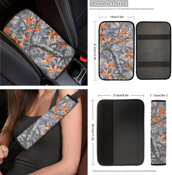 Camo Maple Leaf Car Seat Covers Full Set for Women Flower Car Accessories Set 15 Pcs Car Steering Wheel Cover Seat Belt Pad Trash Can Coasters Car Headrest Pillow Covers Armrest Pad