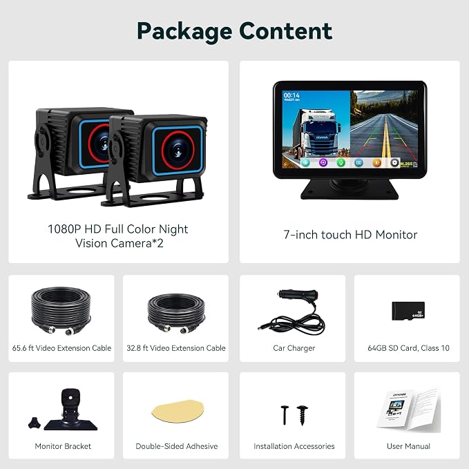 RV Backup Camera System - Dual 1080P HD Cameras with 7 inch Touchscreen Display, Wired Kit for Trucks, Trailers, and RVs, Includes 64GB Memory Card