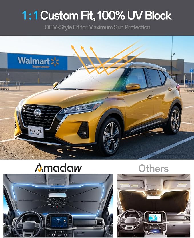 Windshield Sun Shade for Nissan Kicks 2018–2026, Foldable Umbrella Sunshade with 100% UV Block, Multi-Layer Heat Insulation, Reinforced 10-Rib Frame, Keeps Car Cooler, Summer Car Accessory
