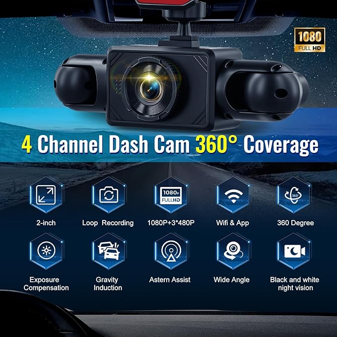 NHOPEEW 4 Channel Dash Cam 360° Front and Rear Inside Left Right, Dash Camera for Cars, Built-in Night Vision, Sensitive Motion Detection, Motion Detection, Parking Mode, Loop Recording + 32G TF Card