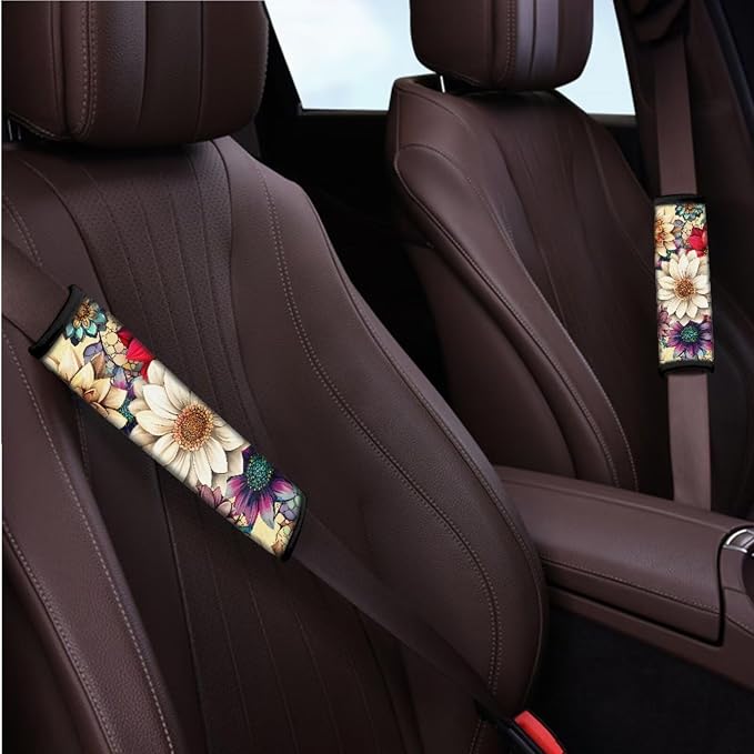 BIGCARJOB Bright Blossom Lotus Car Seat Covers Set for Front and Rear 12 Pcs Boho Lotus Print Car Interior Accessories Full Set with Console Cover,Steering Wheel Covers,Seat Belt Pads