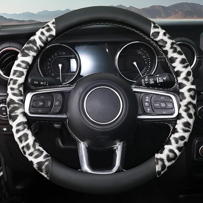 White Leopard Steering Wheel Cover, Universal 14.5-15 inch Breathable Microfiber Leather Anti-Slip Car Steering Wheel Protector for Women Men,Fit for Most Car, Trucks, SUV