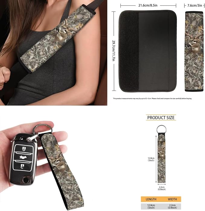 15 Pcs Camo Hunting Deer Car Seat Cover Full Set for Women Men with Car Steering Wheel Cover Seat Belt Cover Trash Bin Front Rear View Mirror Car Cup Holder Keychain