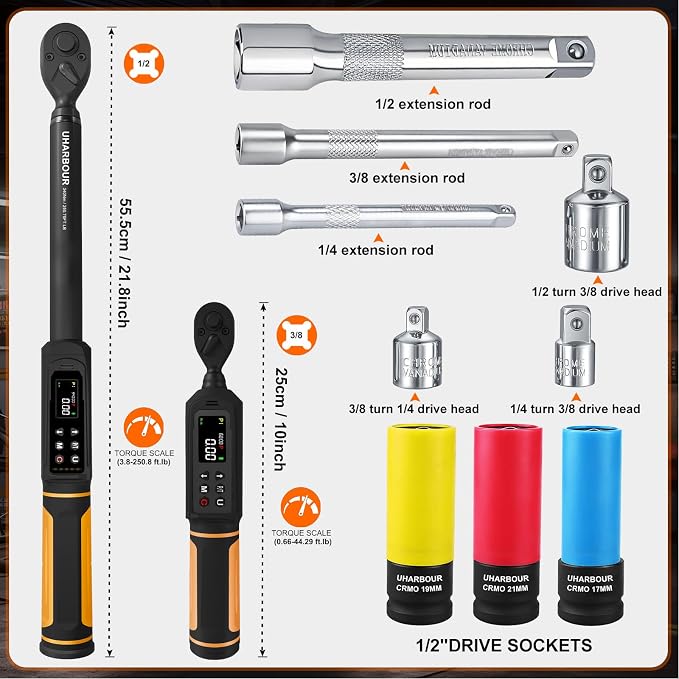 Digital Torque Wrench Set, 1/2"&3/8" Torque Wrench Digital with Dual Direction Ratchet, 3.8-250.8 Ft.lb & 0.66-44.29Ft.lbs Range, ±1% Accuracy with Vibration, Buzzer and LED Alert