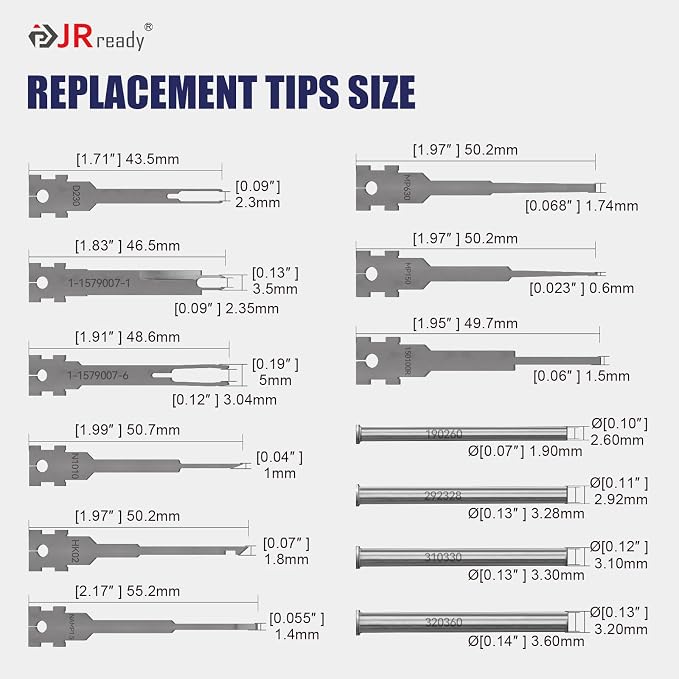 JRready Replacement Tips for Pin Removal Tool, Automotive Electrical Connector Terminal Removal Tool Kit for TE, AMP, Delphi, Deutsch, Molex Pin Extractor Terminal Release Tool Set (JRconDRK00B13-01)