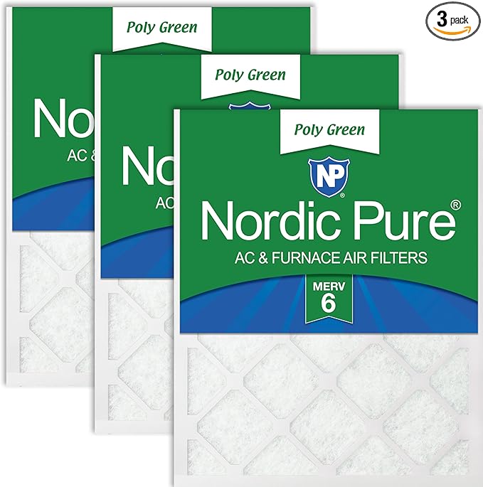 Nordic Pure 14x24x1 (Actual Size: 13 3/4 x 23 3/4 x 3/4) Poly Green MERV 6 AC Furnace Air Filters – Reduces Dust, Pollen, Pet Dander & Allergens – 3-Pack
