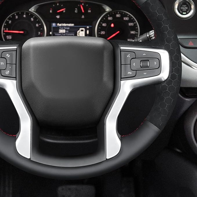 MEWANT Stitching Real Leather Hive Embossed Athsuede Steering Wheel Cover for Chevy Silverado 1500 Blazer Suburban Tahoe